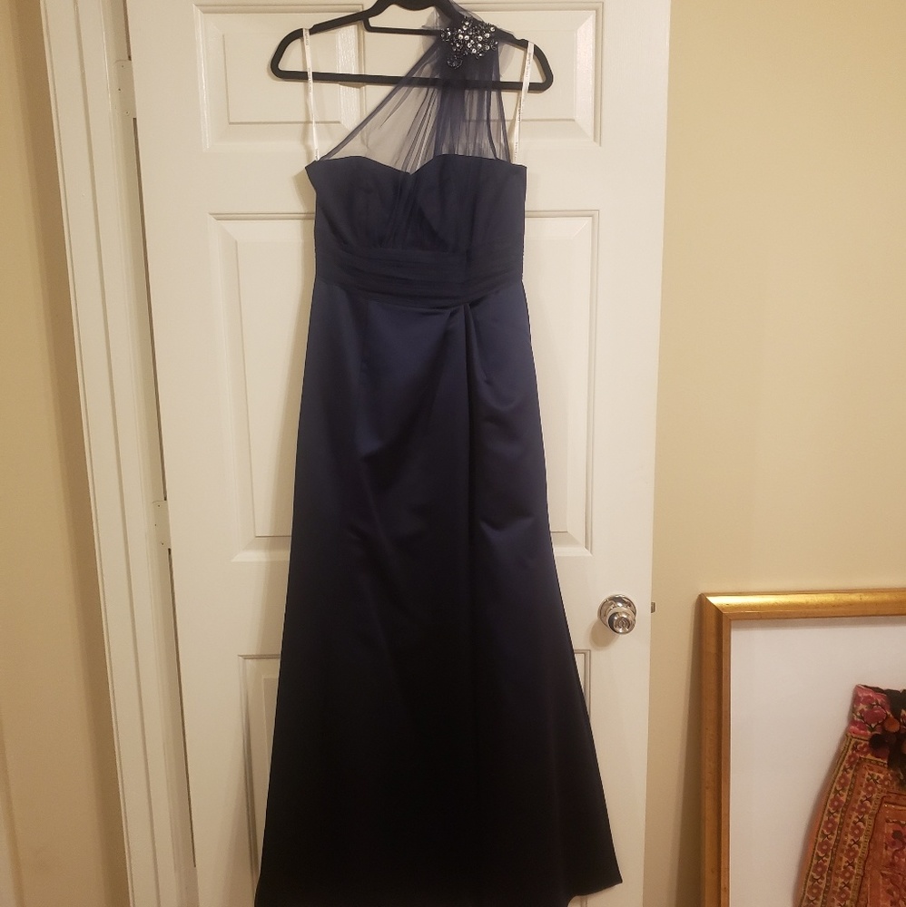 David's Bridal navy one shoulder bridesmaid dress